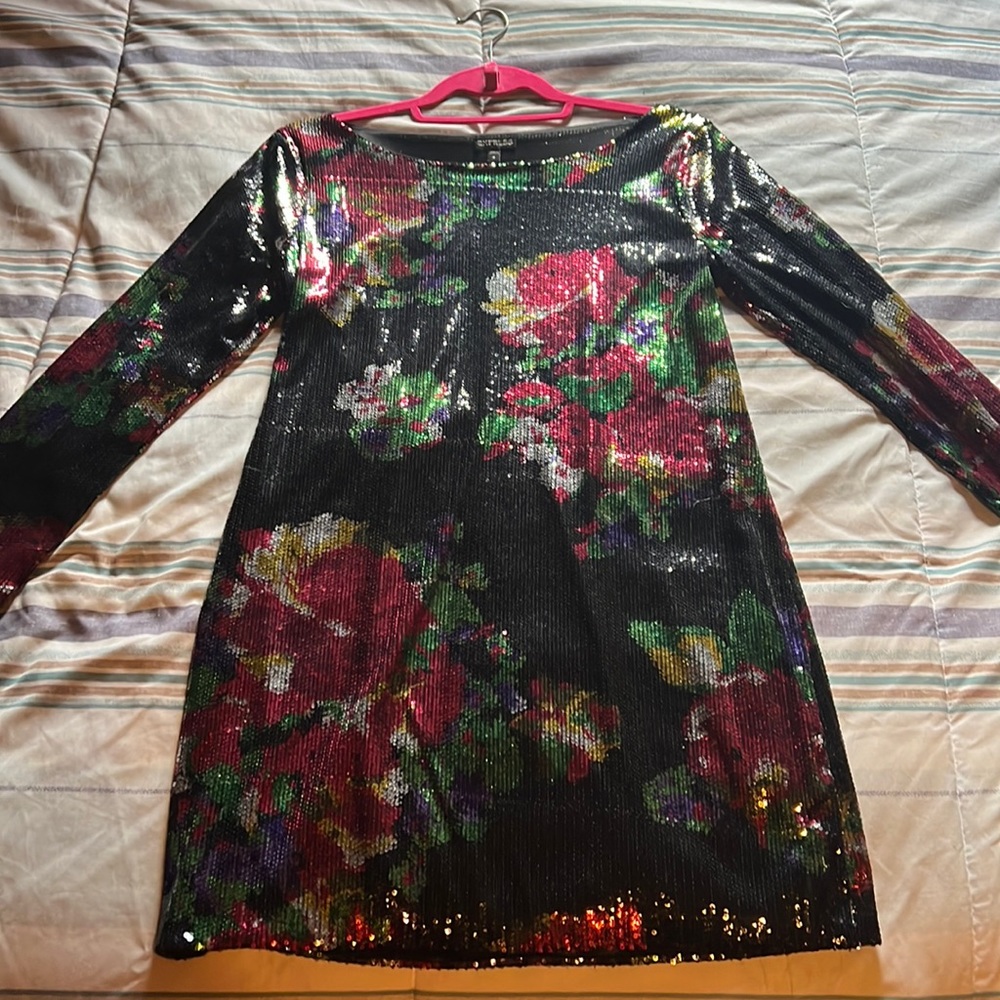 Express long sleeve floral sequin dress
